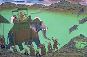 Maharana Sarup Singh de Udaipur cazando jabalíes desde el lomo de un elefante, Rajastán, 1855